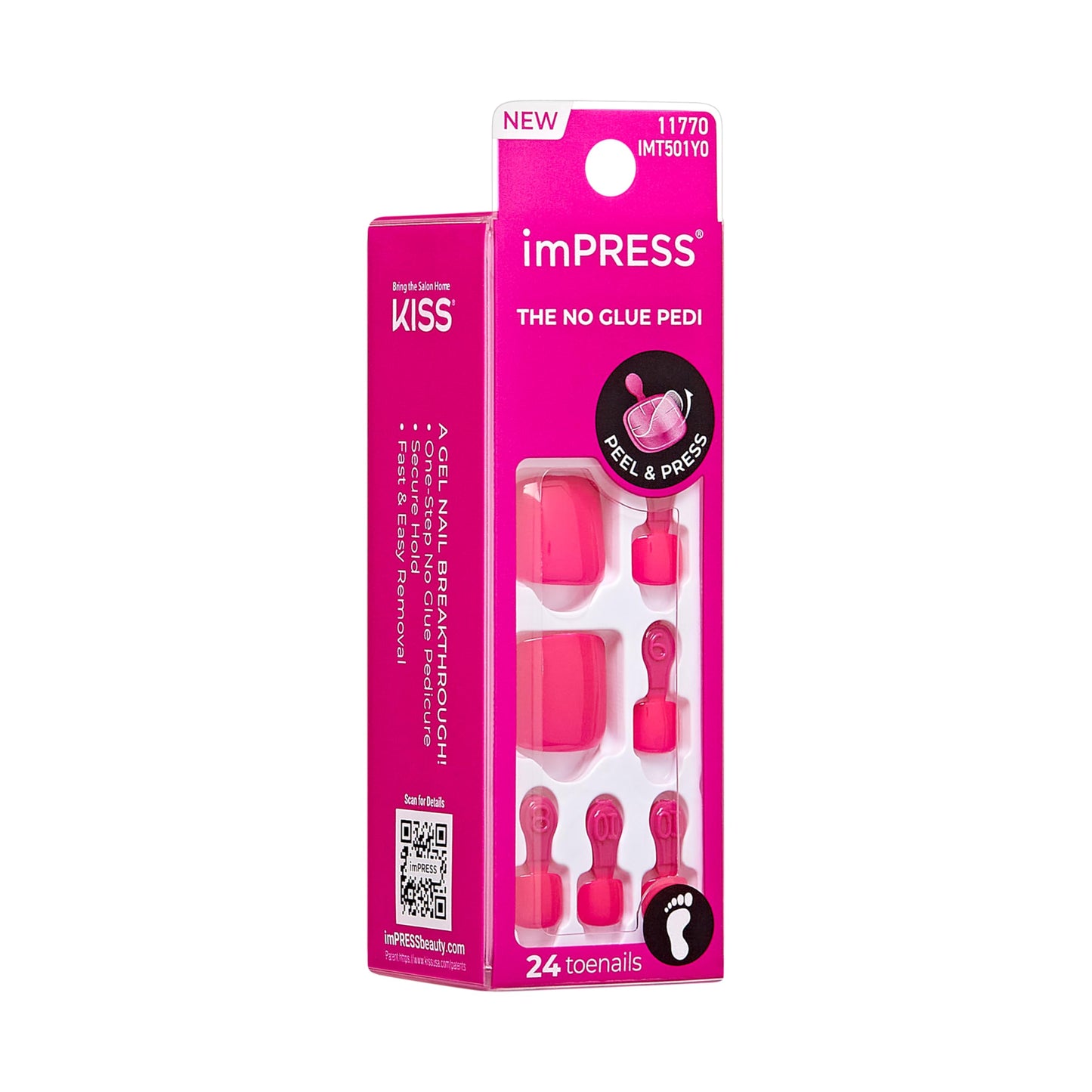 KISS Impress No Glue Mani 30 Pcs Press on Toenails, Hot Pink Stick on Extension False Nails for Toes, Peel & Press Easy Apply, Hassle-Free Removal, Includes Manicure Stick, Prep Pad & File