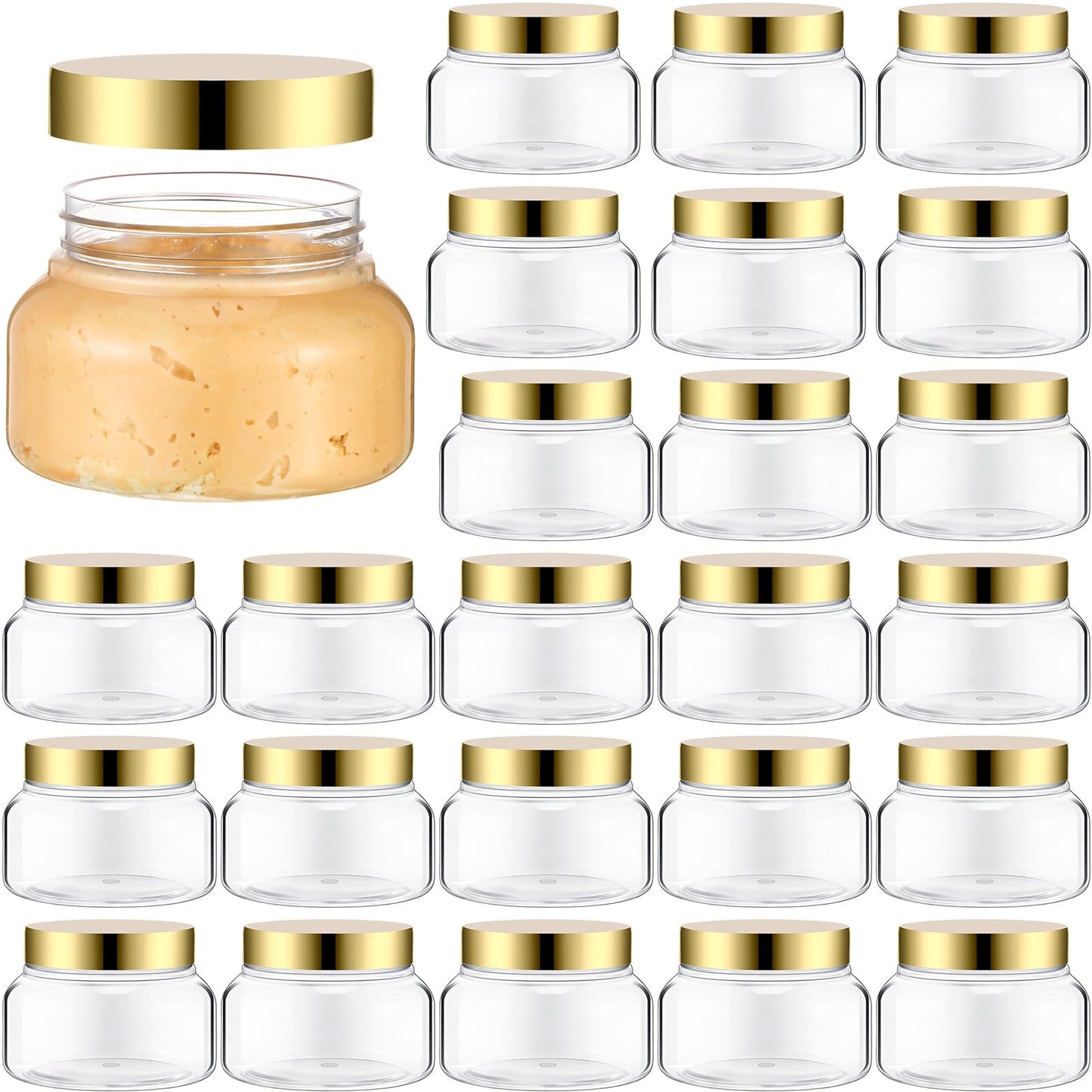 Mumufy 24pcs Plastic Jars with Lids Round Empty Containers Travel Containers for Creams Refillable Cosmetic Jars for Lotions Body Scrub Body Butter (8 oz,Gold,Clear)