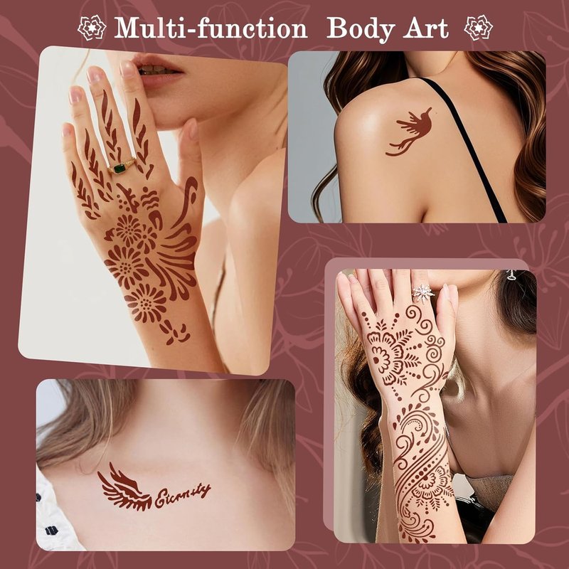 Temporary Tattoo Stencils Kit - 4 Pcs Tattoo Cones in Black, Maroon & Brown | Includes Outline Pen, Cotton Swabs & Brush for Fun Family Parties