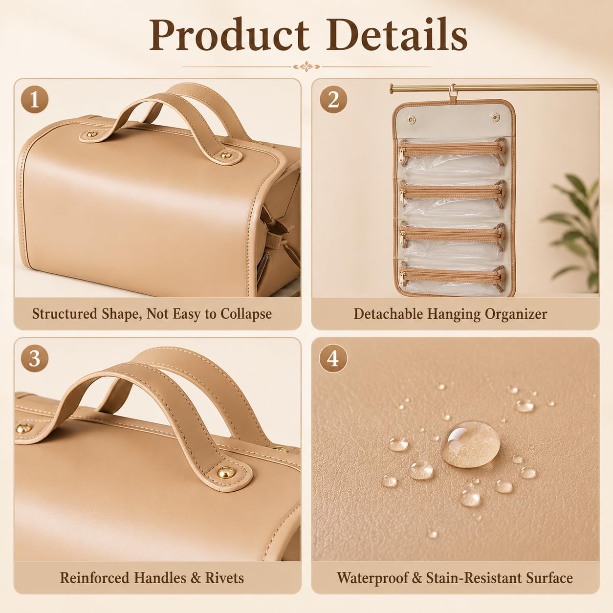 LuyaVogue Large Expandable Makeup Bag, 4-in-1 Waterproof Makeup bag, Cosmetic Bag with Detachable Interior Pockets, Ideal for Women Travel Essentials(Brown)
