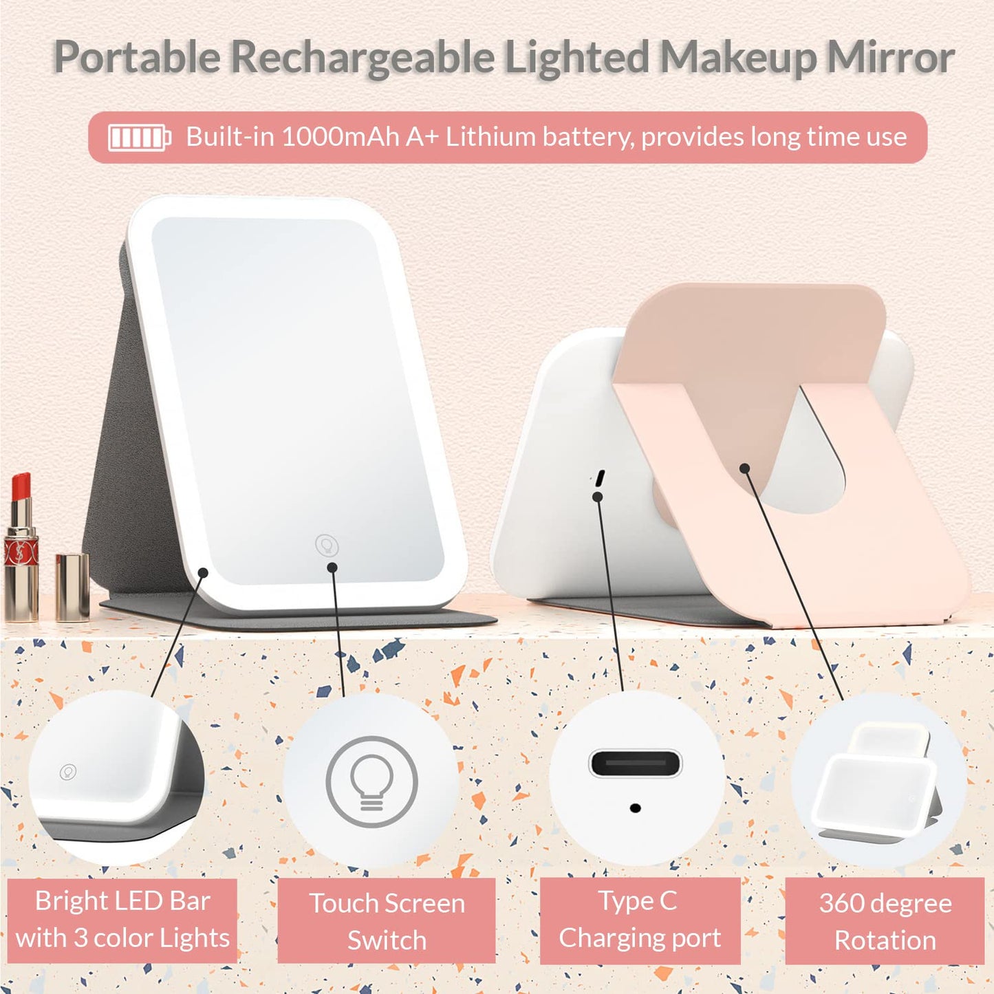 Uotowell Lighted Makeup Vanity Folding Mirror with LED Lights, Portable Travel Compact Mirror with 3 Adjustable Light Settings, Dimmable Touch Screen, USB Rechargeable, with PU case (Pink