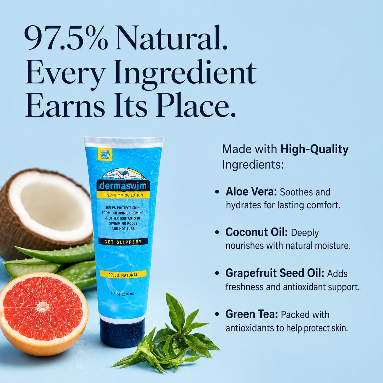 DERMASWIM Pre-Swim Lotion for Chlorine Protection – 8 fl oz | 97.5% Natural & Paraben-Free | Vitamin-Enriched with Aloe & Green Tea | Shields & Moisturizes Skin Before Swimming in Pools or Hot Tubs