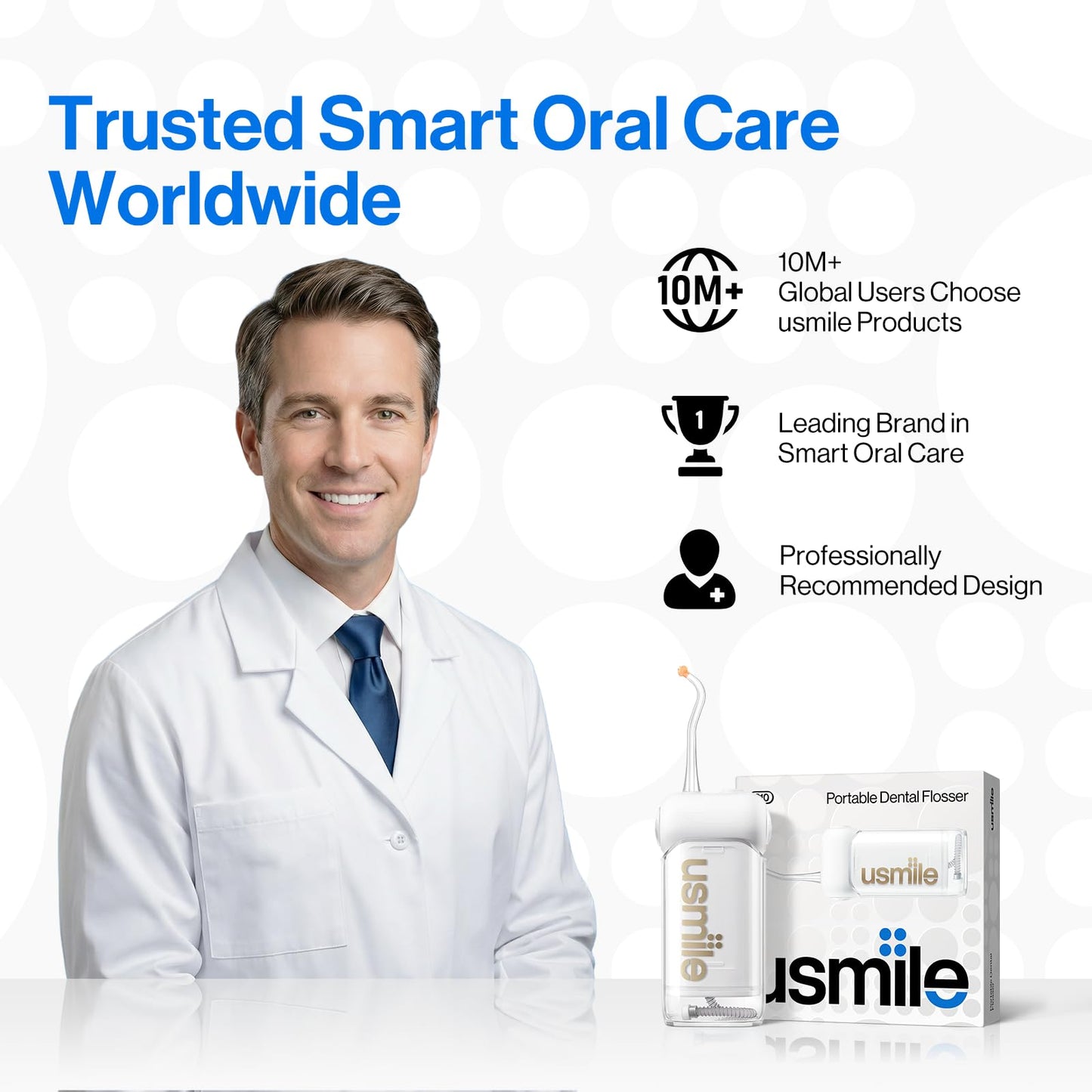 usmile C10 Portable Water Flosser for Travel – 95-Day Battery, 4 Modes, 360° Nozzle, 180ml Tank, IPX7 Waterproof, Dentist-Recommended for Braces, Implants & Sensitive Gums (White)