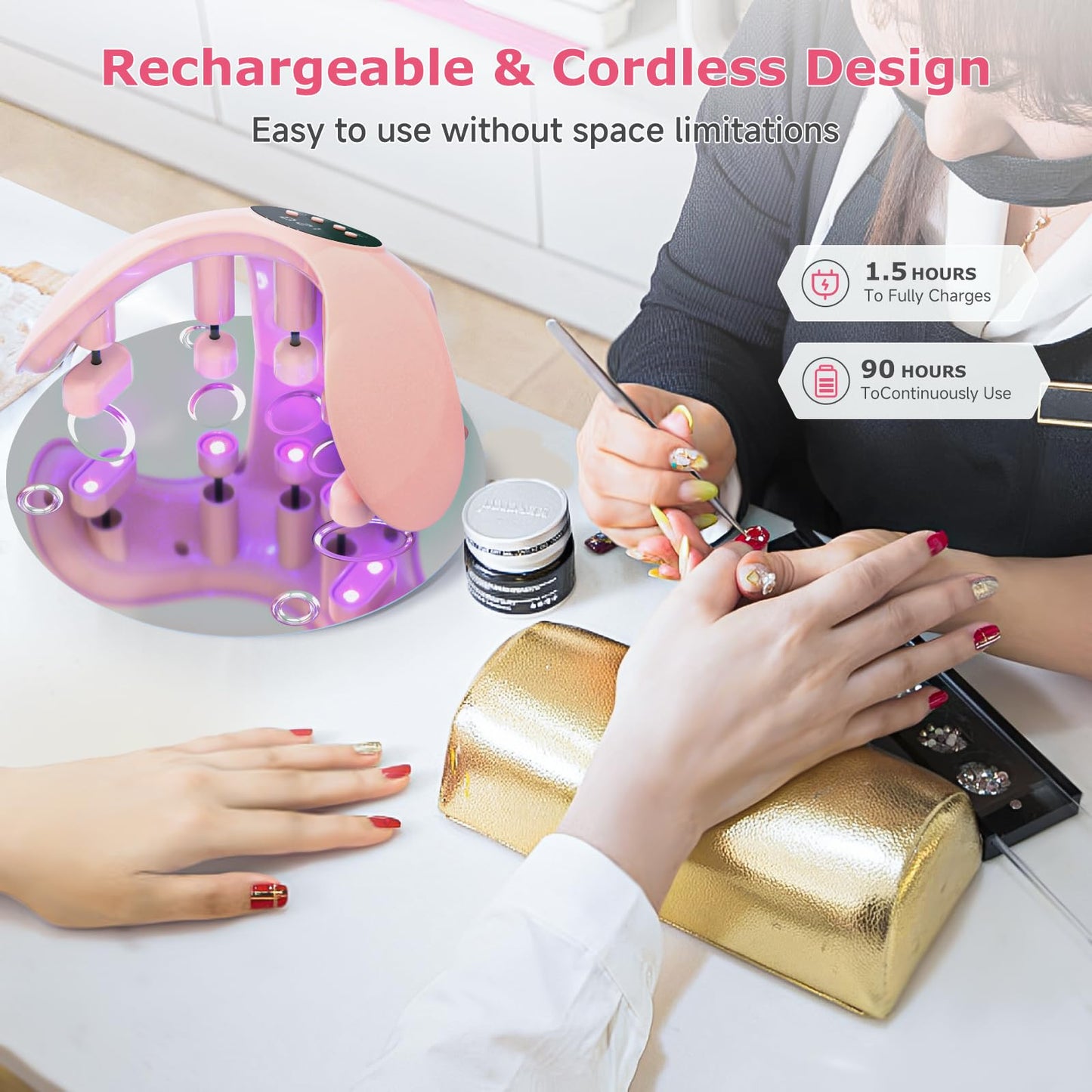 Rechargeable LED Nail Lamp, Meremit 49W Nail Curing Lamps for Gel Polish, UV Nail Light with 4-Timer Setting and Flexible Angle Adjustable, Professional LED Nail Dryer for Fingernails & Toenails
