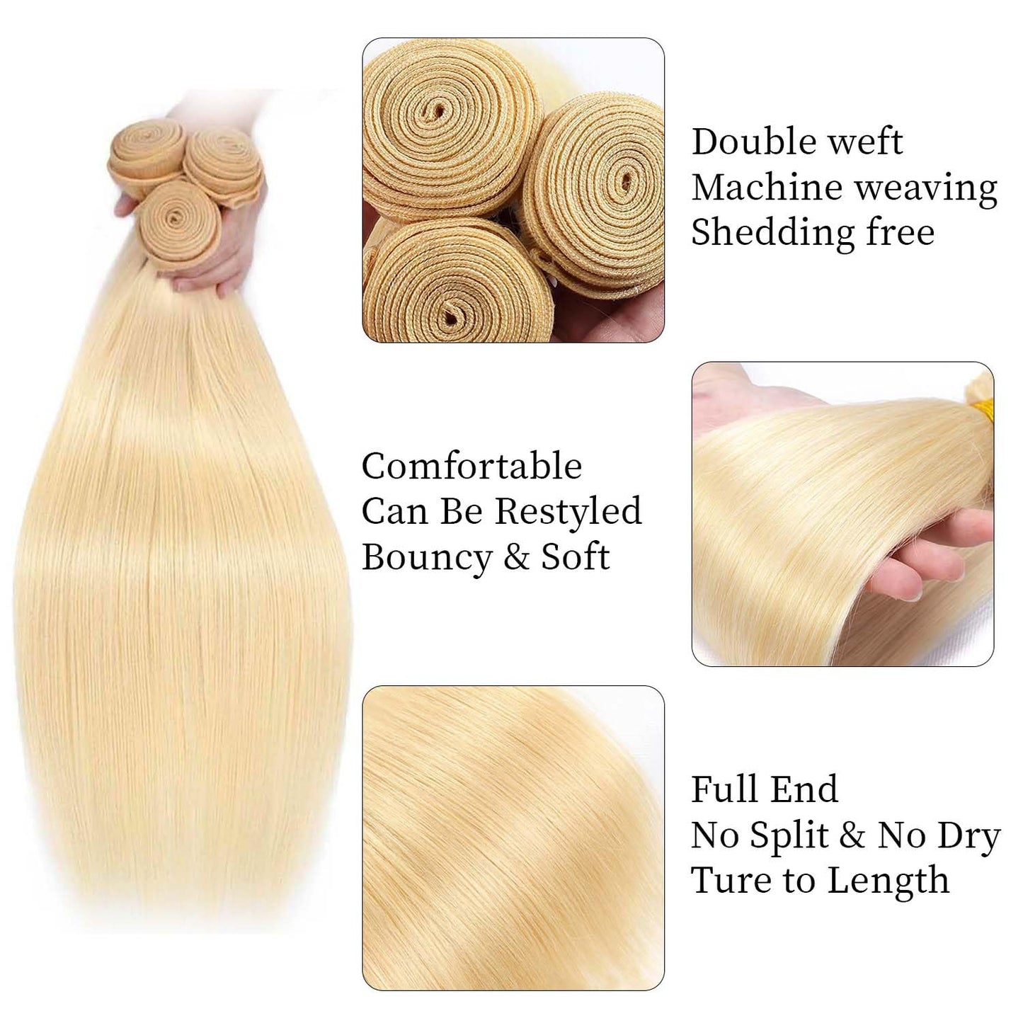 613 Blonde Straight Human Hair Bundles 26 28 30 Inch Unprocessed 12A Brazilian Virgin Hair 3 Bundles Soft Silky Hair Extensions for Women