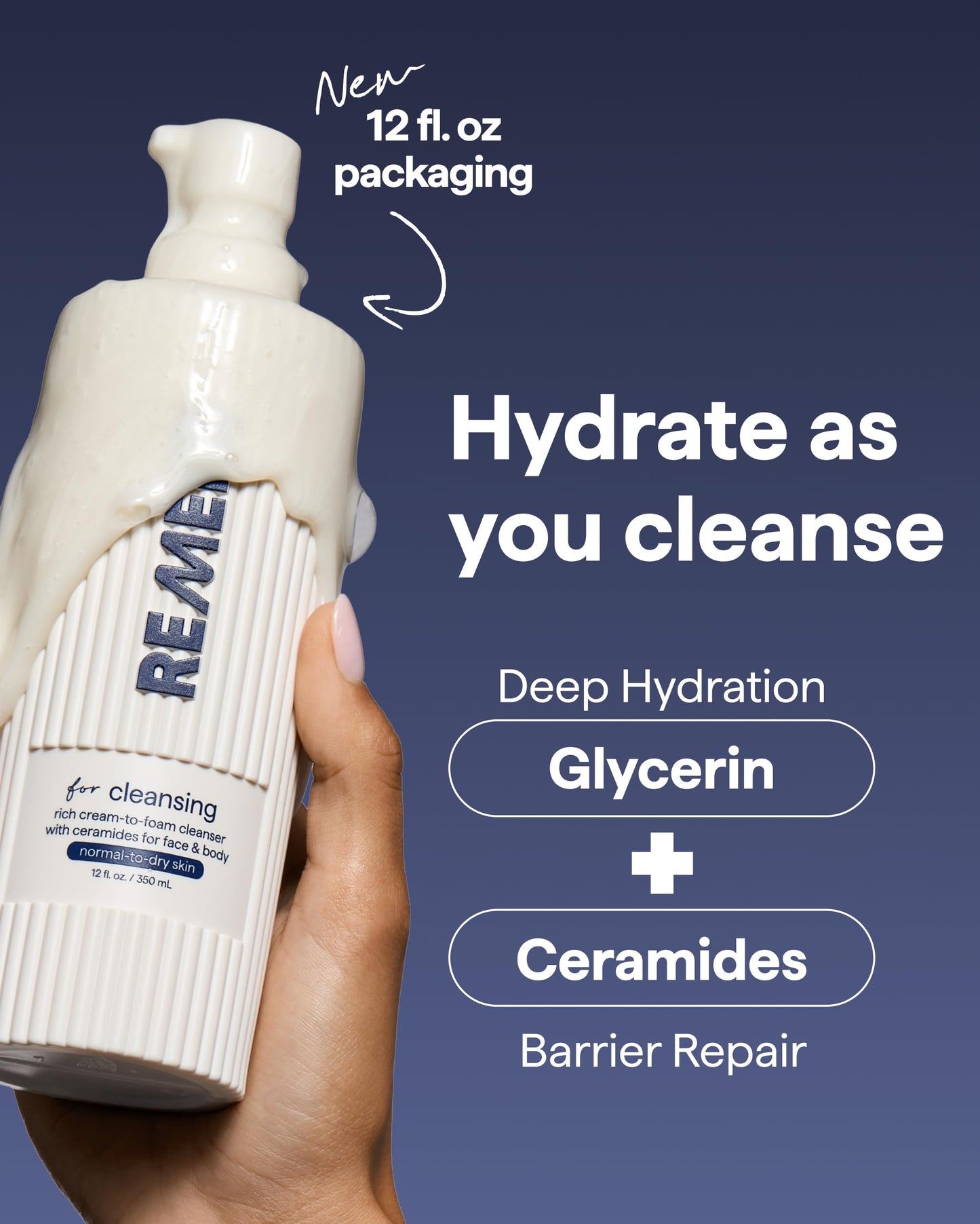 Remedy Cream-to-Foam Cleanser - Hydrating Face Wash with Ceramides, Hyaluronic Acid and Glycerin - Fragrance Free & Eczema Seal Certified - by Dermatologist Dr Shah | 12 fl. Oz