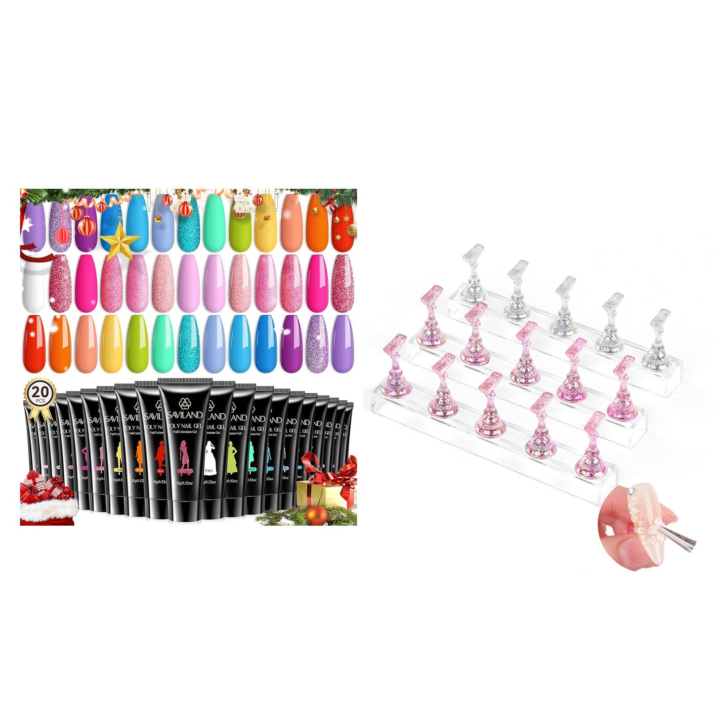 Saviland Poly GEL Nail Colors：20 Colors Nail Extension Gel Kit Bright Rainbow SAVILAND 3 Set Essentials Nail Stand for Press Ons :Powerful Magnetic Nail Holder for Painting Nails Stand Fake Nail Stand