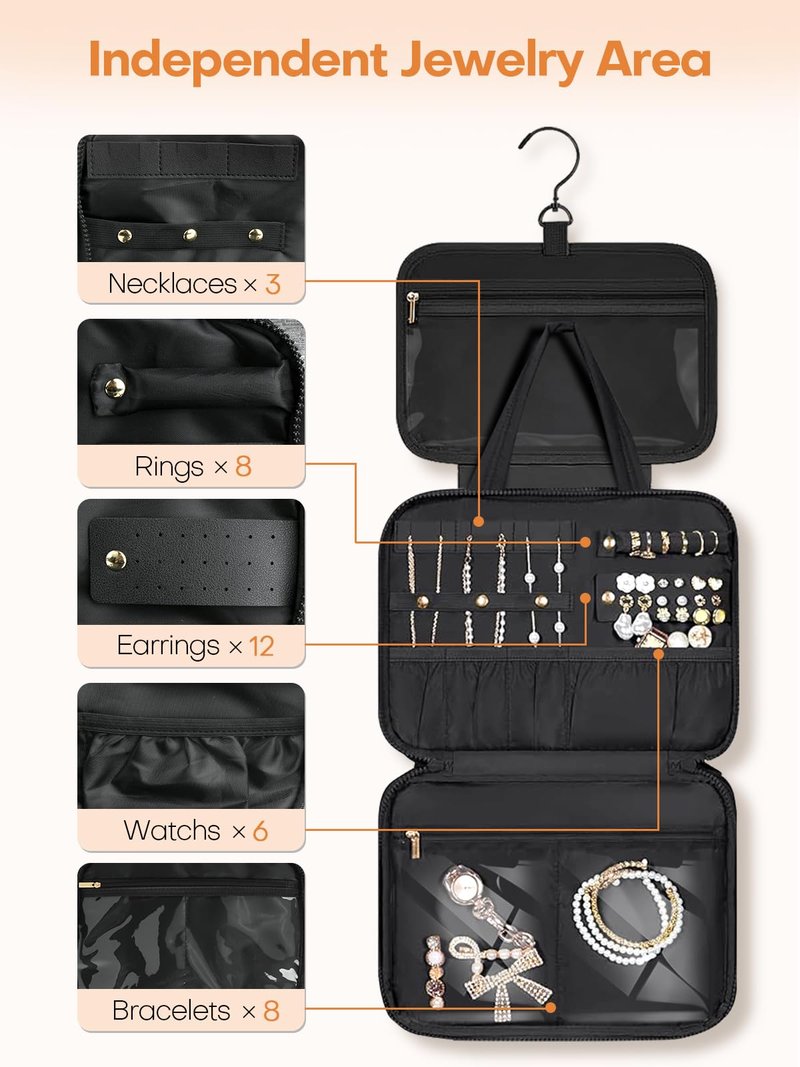 Manuqia Travel Toiletry Bag with Separate Jewelry Organizer, Water-resistant Makeup Bag with Hanging Hook, Large Capacity Travel Organizer for Toiletries, Cosmetic, Vacation Essentials - Large