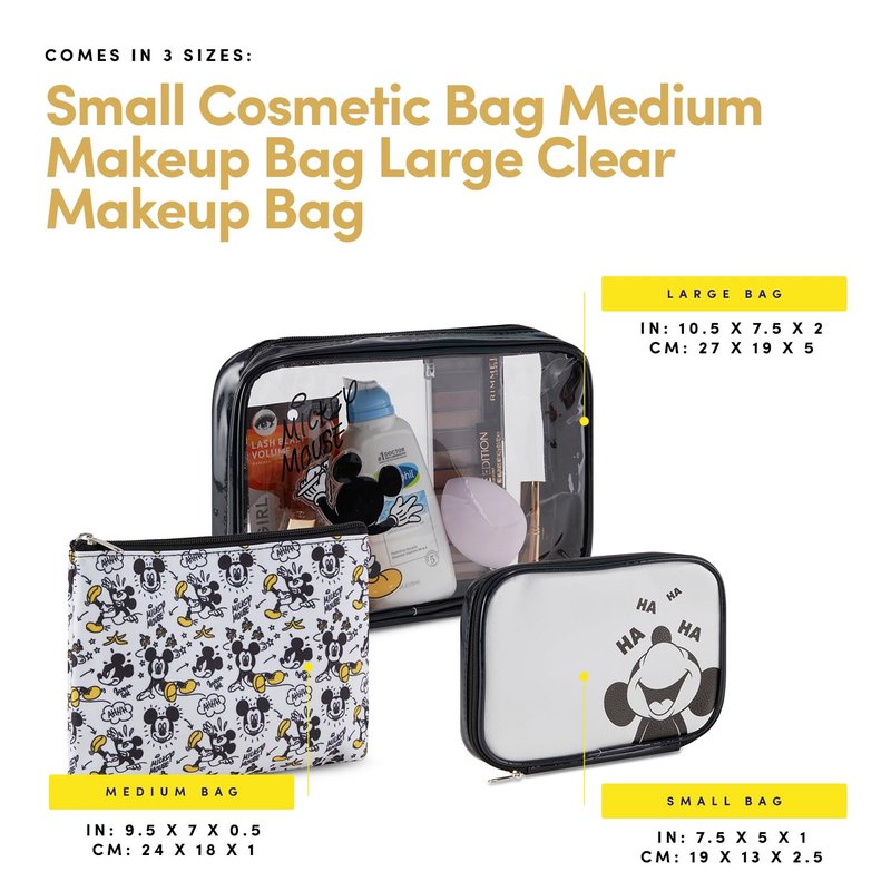 Mickey Mouse Cosmetic Case Set - Officially Licensed Mickey and Minnie Mouse Travel Cosmetic Case 3 Piece Set - Girls, Boys, Teens, Adults (Black Mickey)