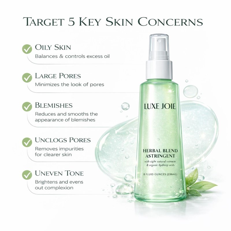 LuxeJoie Astringent Toner Spray – Witch Hazel & Willow Bark Facial Toner for Oily & Combination Skin – Botanical Pore Refining Toner Mist – Herbal Blend Astringent for Oil Control – 8 oz
