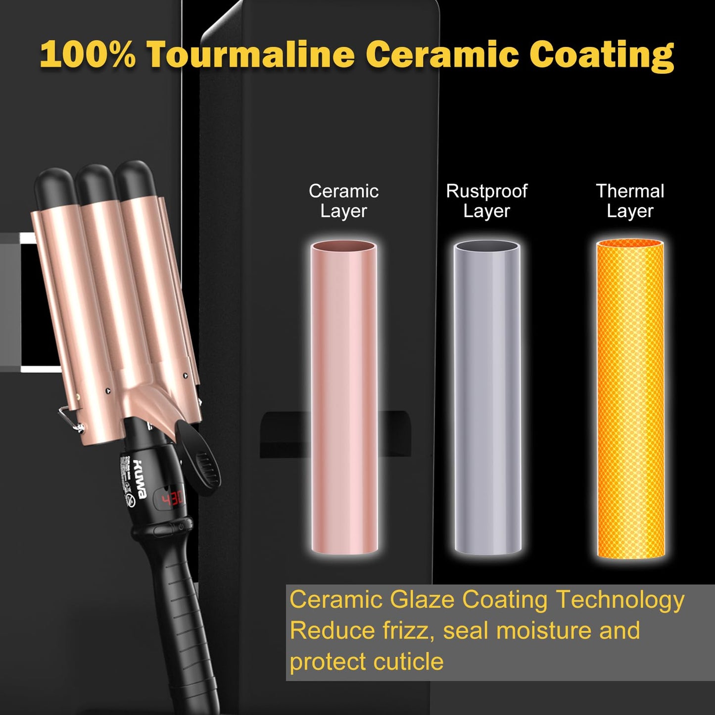 kuwa Crimper Hair Tool, 15 Variable Temperature with LCD Display Hair Crimper, Waver Hair Tool,3 Barrel Curling Iron, hairCrimper for Women,Long-Lasting Natural Tight Waves