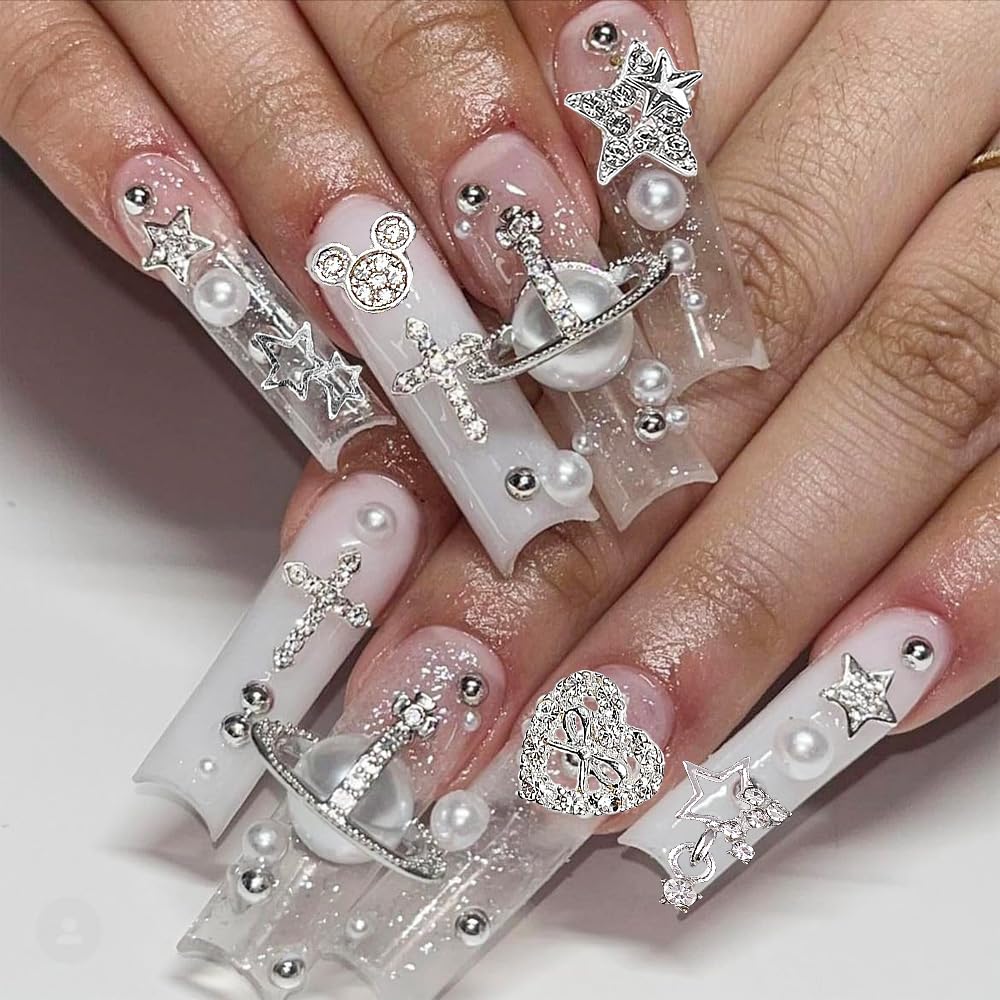 KACHIMOO 128 PCS Silver Nail Charms, Nail Gems Silver Rhinestones for Nails 3D Butterfly, Bow, Star,Crown,Cross,Dollar,Heart Shapes Y2K Accessories Nail Decor (17 Styles)