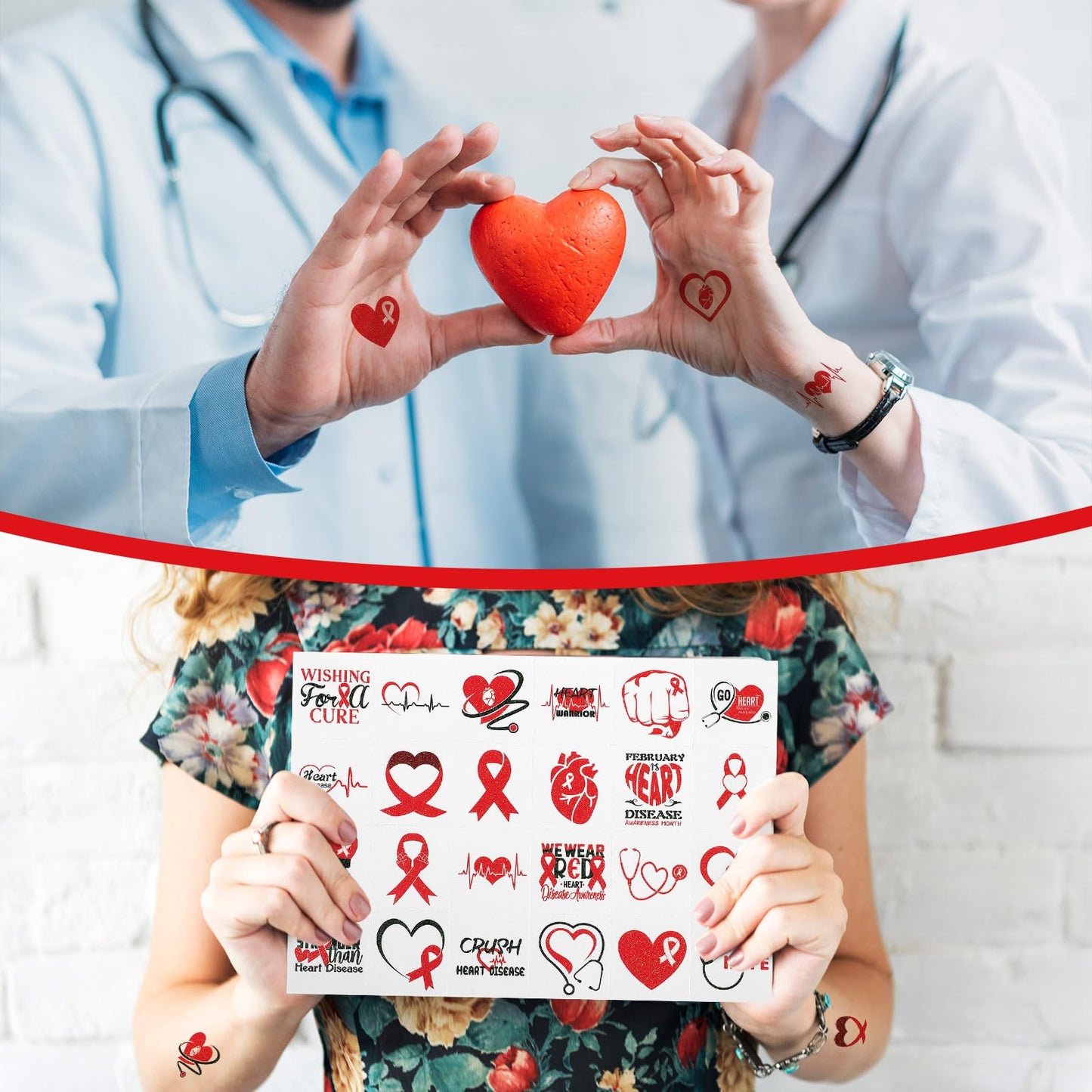 Landhoow 240 Pcs Heart Health Awareness Tattoos Temporary Glitter Awareness Body Sticker for Campaign Favor Charity Supplies, 24 Designs