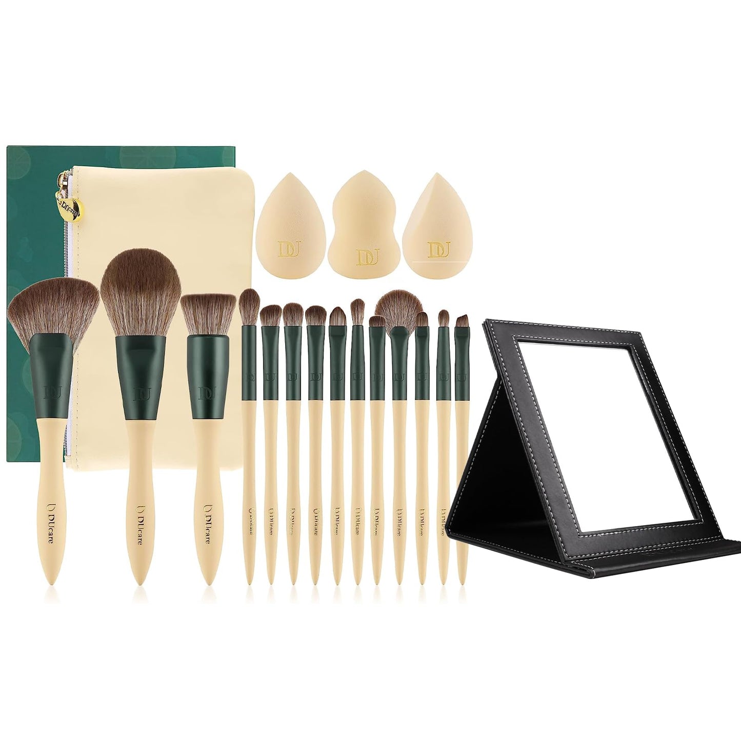 DUcare Makeup Brushes 14Pcs with 3Pcs Makeup Spong & Cosmetic Bag& Folding Vanity Mirror with Stand