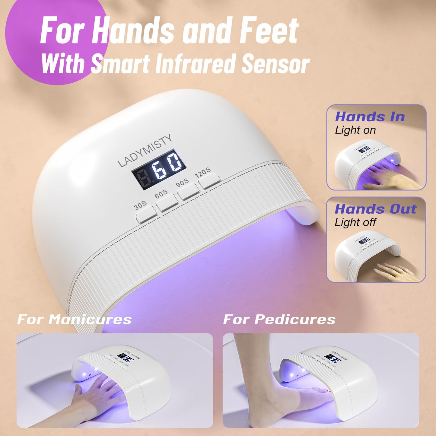 LadyMisty UV Nail Lamp - Fast Drying, UV Light for Gel Nails with 30 Dual Lamp Beads, 4 Timer, LCD Display, Energy Efficient LED Nail Light for Home & Salon (White)