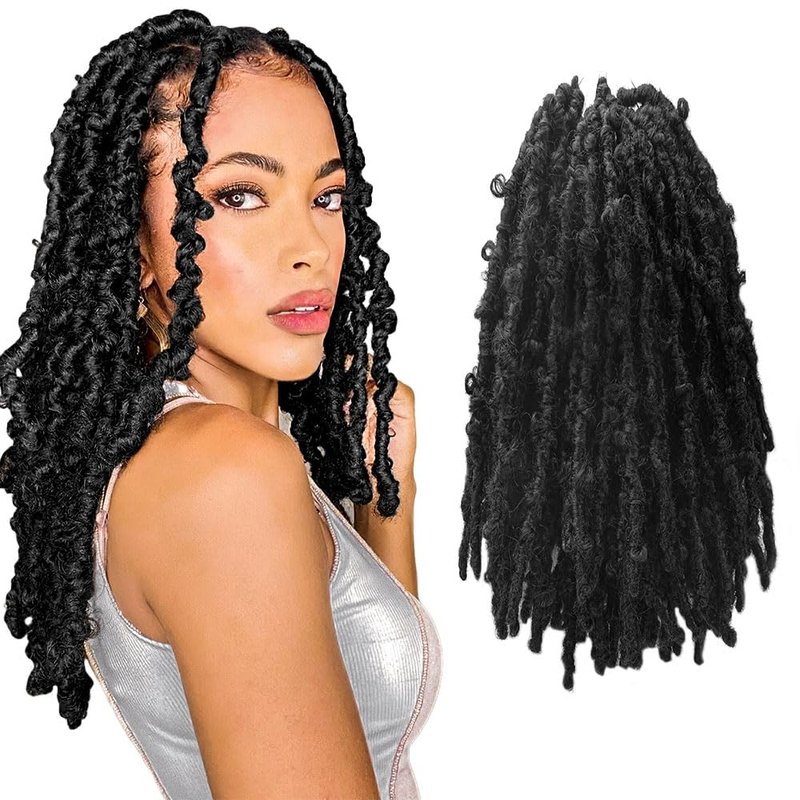 Niseyo 14 Inch Butterfly Locs Crochet Hair 6 Packs Pre Looped Handmade Black Distressed Faux Locs Crochet Braids (1B)