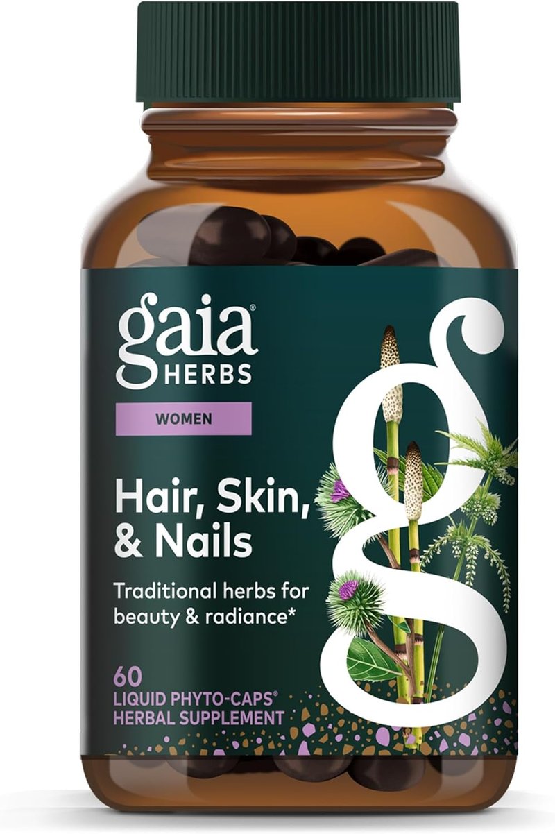 Gaia Herbs Hair, Skin & Nails Supplement | Supports Healthy Skin, Hair & Nails with Astaxanthin & Horsetail - 60 Vegan Capsules