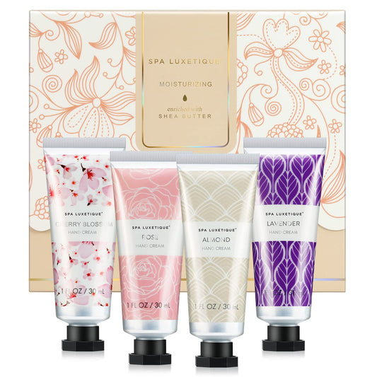 spa luxetique Hand Cream Gift Set,Mothers Day Gifts for Mom,Teacher Appreciation Gift Nurses Week,4 Pack Shea Butter Hand Lotion Set for Dry Hands,Travel Size Hand Cream for Women Birthday Gifts