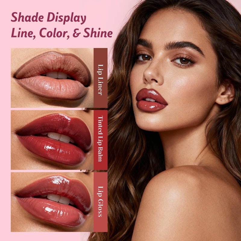3 Pack Lip Combo Set - Matte Lip Liner Pencil + Hydrating Tinted Lip Balm + Plumping Lip Gloss, Non-Sticky, Long-Lasting, 3-in-1 Lip Makeup Kit for Plump, Hydrated & Glossy Lips (Berry Mousse Set)