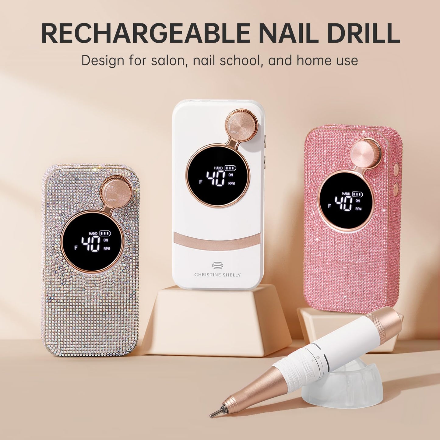 CHRISTINE SHELLY Electric Nail Drill,40000RPM Cordless Nail File Diamond with 12 Drill Bits for Acrylic Nails Gel Polishing,E File Nail Kit Machine for Manicure Salon Home (White)