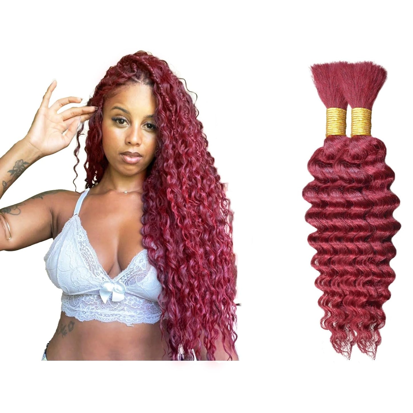 Burgundy Human Braiding Hair - 18 Inch Deep Water Wave | 100g Bulk Curly Extensions for Boho Braids