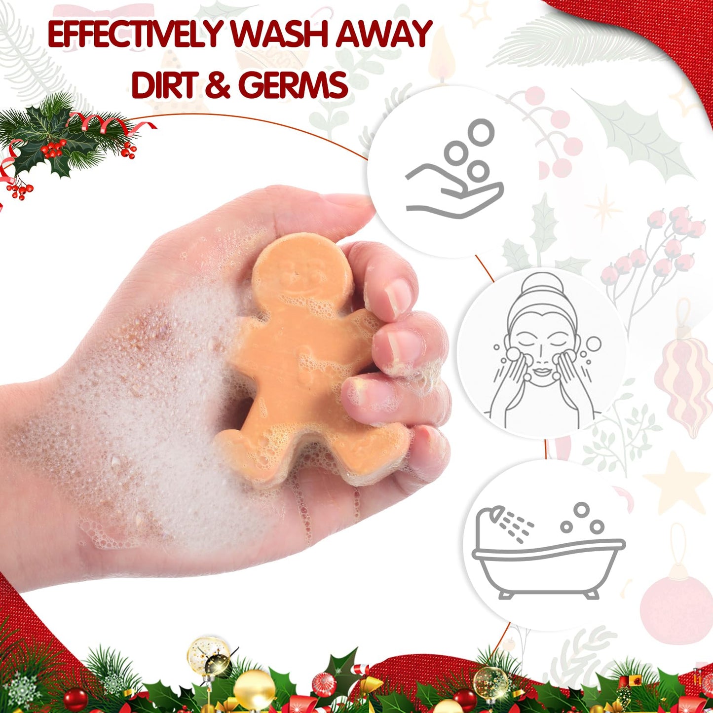 Heigble 90 Pcs Christmas Soap Bars Christmas Gift Bulk with 30 Holiday Glycerin Snowflake Xmas Tree Santa Clause Gingerbread Men Soap 30 Bag 30 Tag for Guest Coworker Bathroom(Brown,Gingerbread)