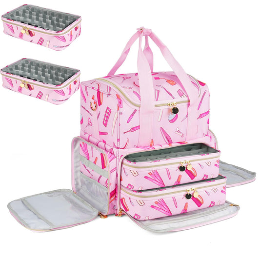 Extra Large Nail Polish Organizer Case Holds 80 Bottles and a Nail Lamp, Nail Organizers and Storage with 2 Removable Pouches, Travel Nail Supplies Carrying Bag for Nail Art Tech & Manicure Tools,Pink