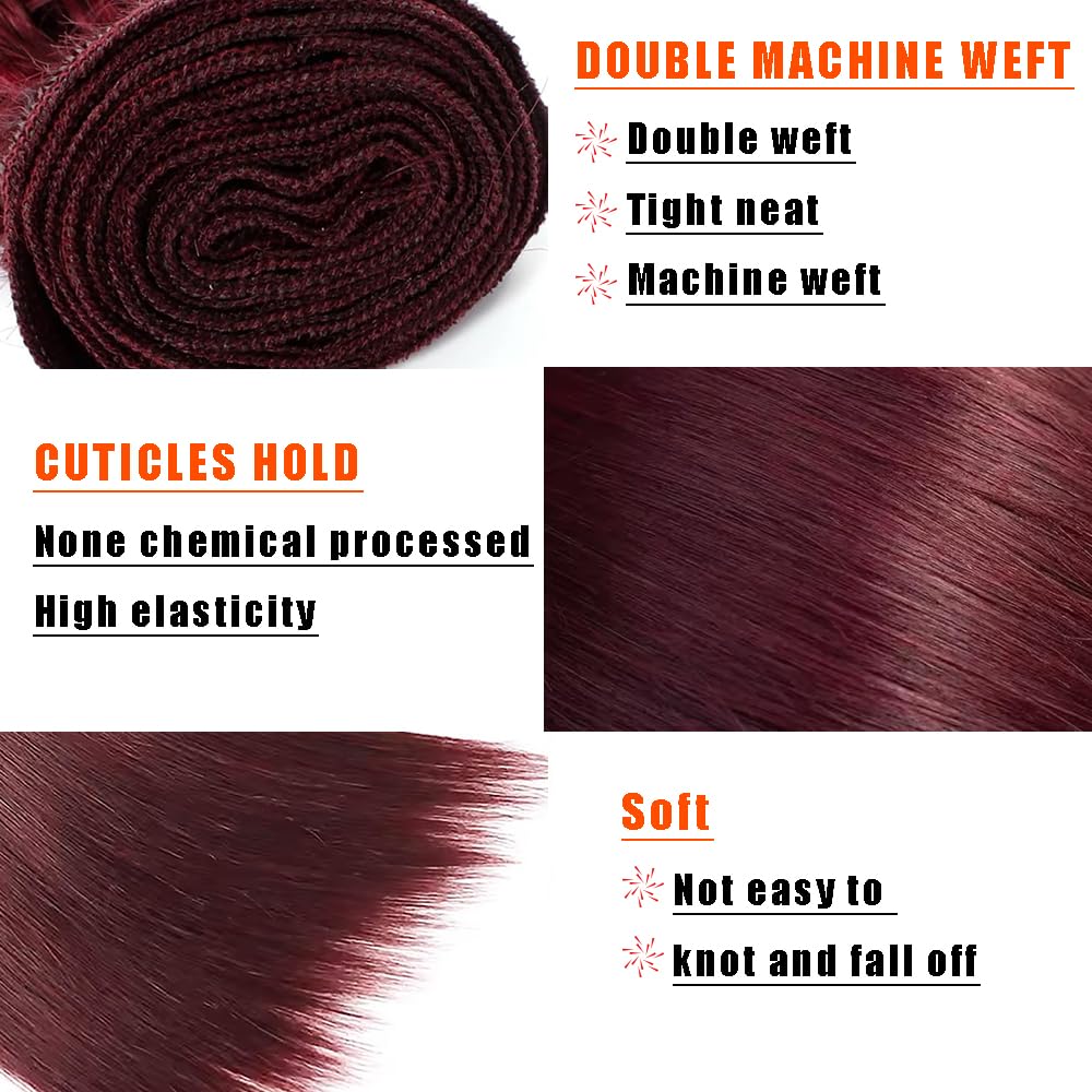 Straight Human Hair Bundles 16 18 20 Inch #99J Burgundy Bundles Human Hair Wine Red 12A Unprocessed Native Virgin Hair 50G Per Bundle 3 Extensions Wet and Wavy Weave for Women