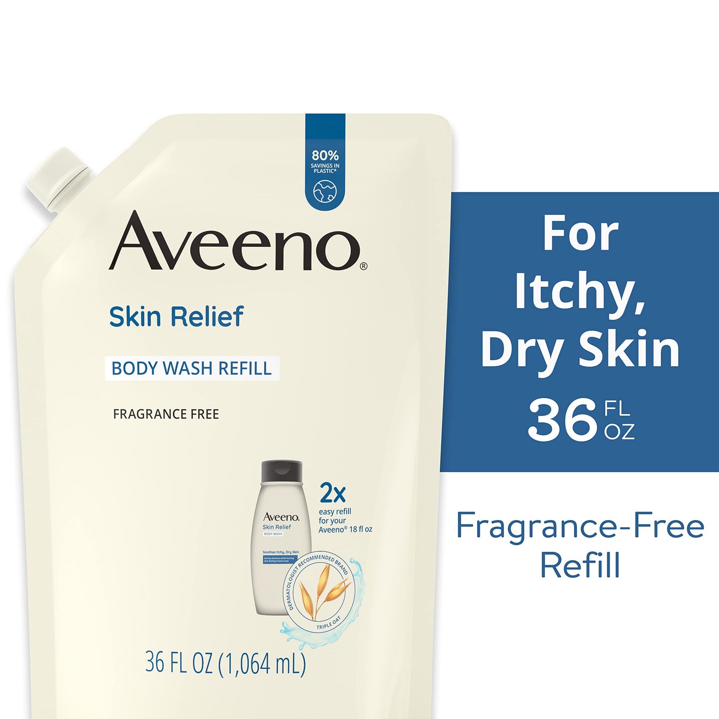 Aveeno Skin Relief-Body Wash Fragrance-Free + Triple Oat Formula,Gentle Daily Cleanser for Sensitive SkinLeaves Itchy, Dry SkinFeeling Soothed & Moisturized, Body Wash Refill, 36 fl. oz (Pack of 2)