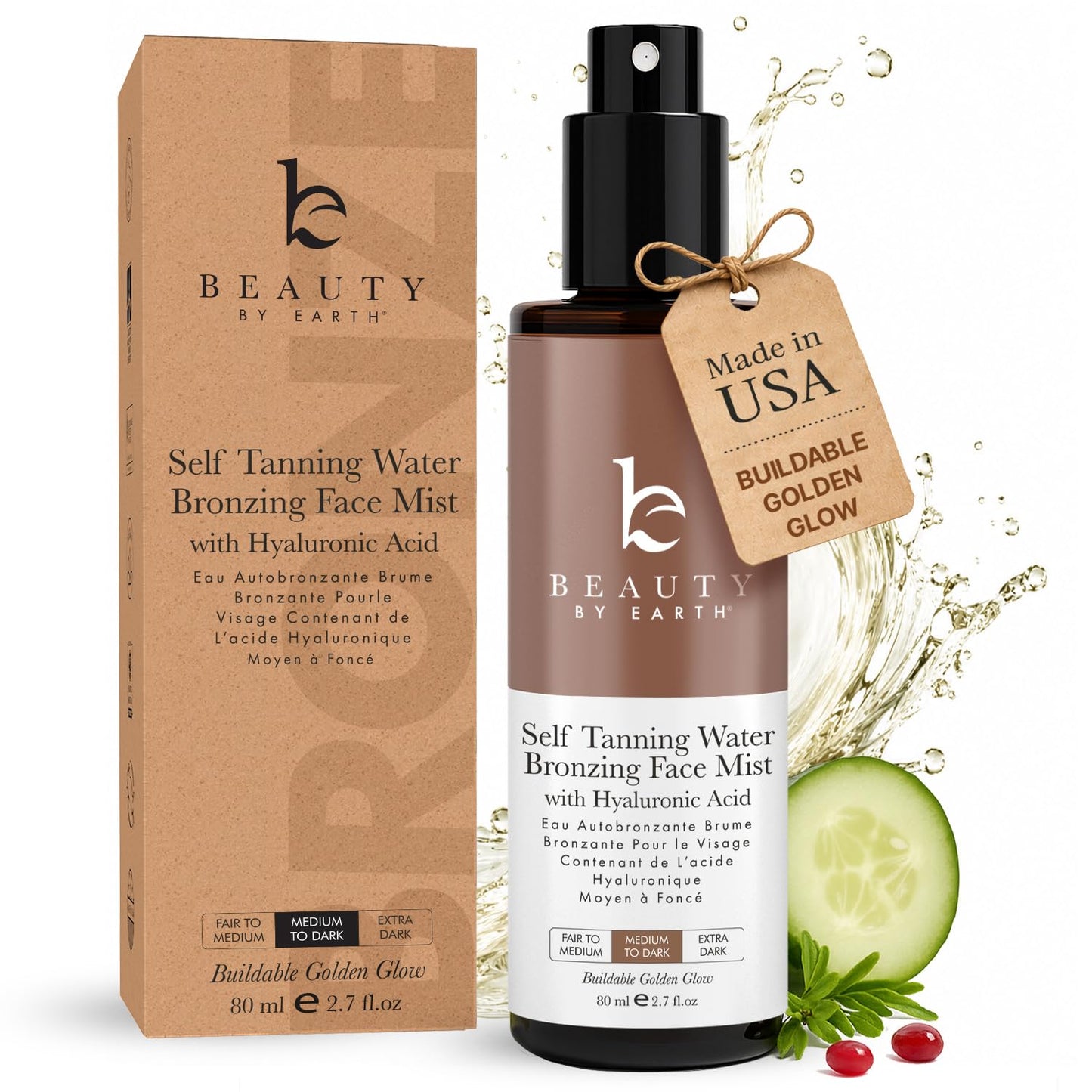 Bronzing Face Tanner Spray Mist, Sunless Face Tanning Water, USA Made with Natural & Organic Ingredients