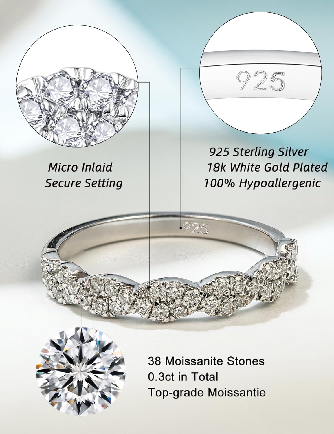 Moissanite Wedding Bands for Women - Trendy 0.3 Carat Half Eternity Stackable Rings | 18K White Gold Plated, Size 4-11