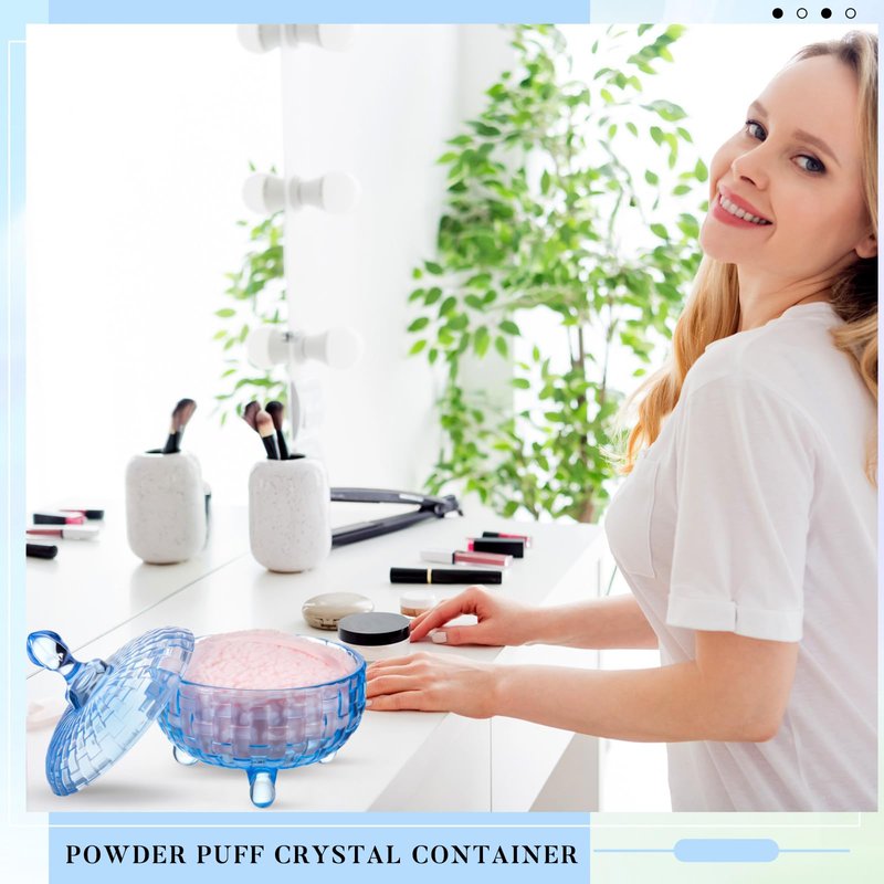 Tioncy 2 Pcs Extra Large Dusting Powder Puff and Container for Women-6'' Glass Crystal Dusting Powder Container with Body Soft Washable Reusable Velour Face(Blue,Weave Design)
