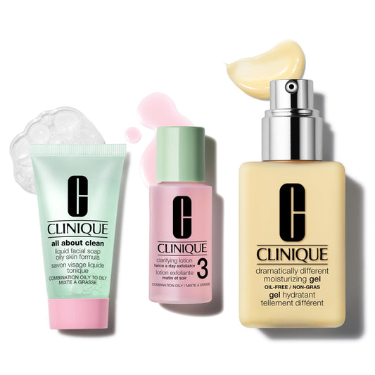 Clinique Great Skin, Great Deal Gift Set For Combination Oily Skin Type III | All About Clean Liquid Face Soap, Clarifying Lotion + Dramatically Different Gel | Includes Full Size Gel