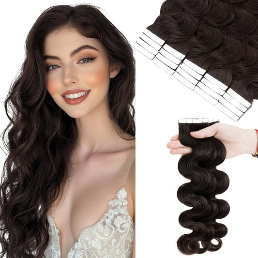 SEGOHAIR Wavy Tape In Hair Extensions Real Human Hair with Double-Sided Adhesive Professional Hair Extensions for Women 20pcs Body Wave 14 Inches Dark Brown