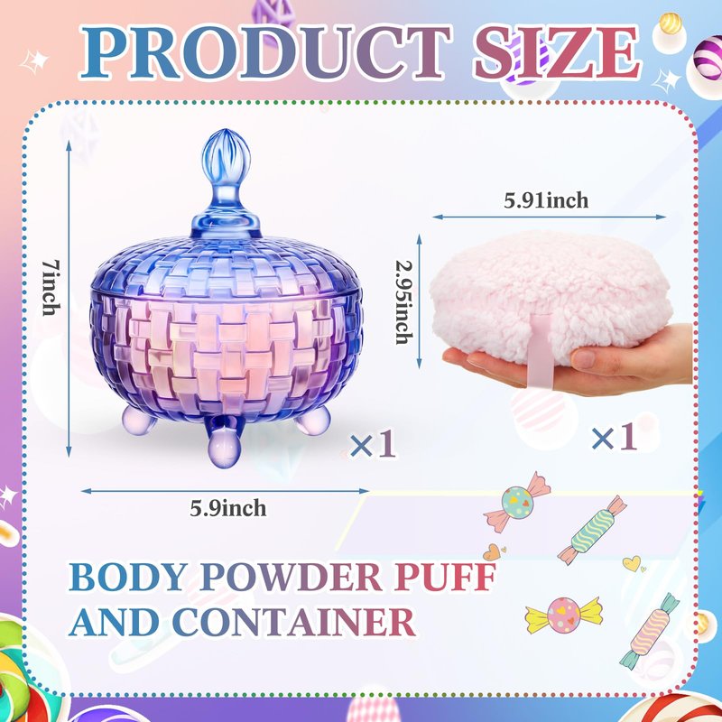 Tioncy 2 Pcs Extra Large Dusting Powder Puff and Container for Women-6'' Glass Crystal Dusting Powder Container with Body Soft Washable Reusable Velour Face(Gradient,Weave Design)