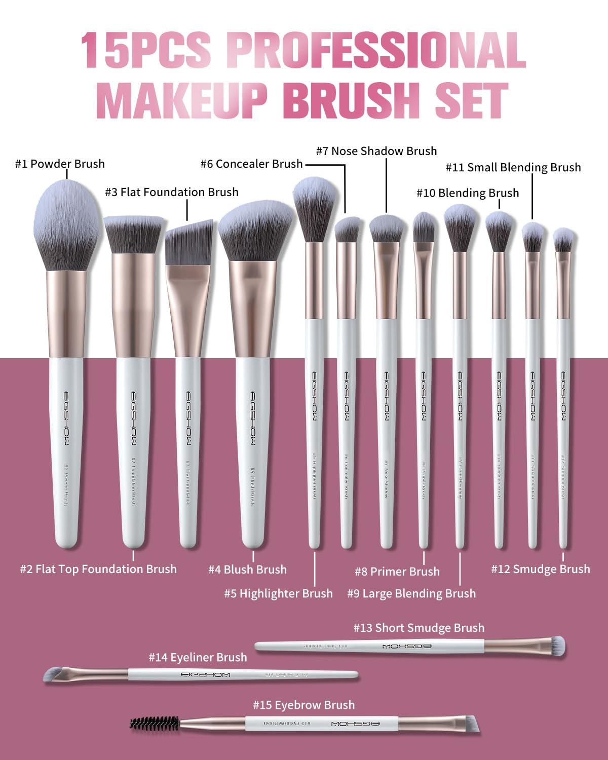 Makeup Brushes Set - 15Pcs Professional Makeup Brush Kit with Silver Ion Bristles | Travel Gift Set in Champagne Gold