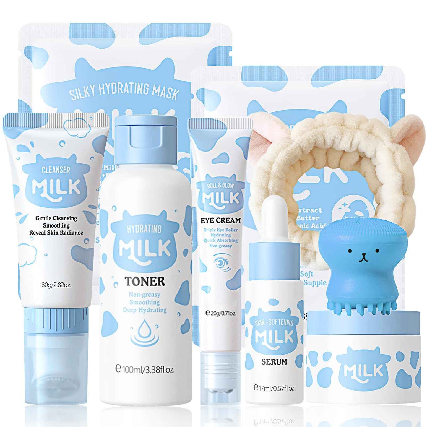 9PCS Milk Skin Care Sets for Women, Kids Skin Care Set for Girls Ages 8-12, Girls Skin Care for Kids Age 8-12, Cleanser,Serum,Cream,Eye Cream,Toner,Masks,Hairband,Brush, Gifts for Teenage girls