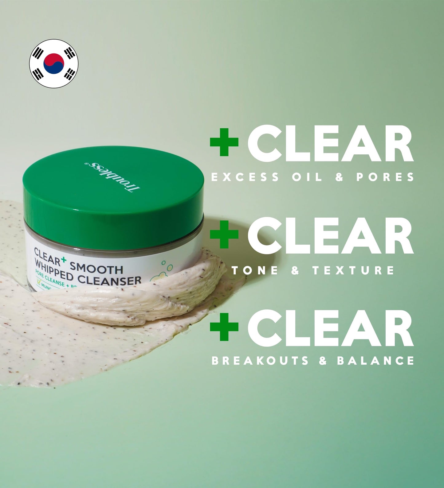 Troubless CLEAR PLUS Smooth Whipped Cleanser – Korean Skin Care Mask-to-Foam Facial Cleanser w/Vitamin C, Mung Bean, Kaolin Clay & PHA – Pore-Refining & Hydrating Face Wash (2.70 fl oz)