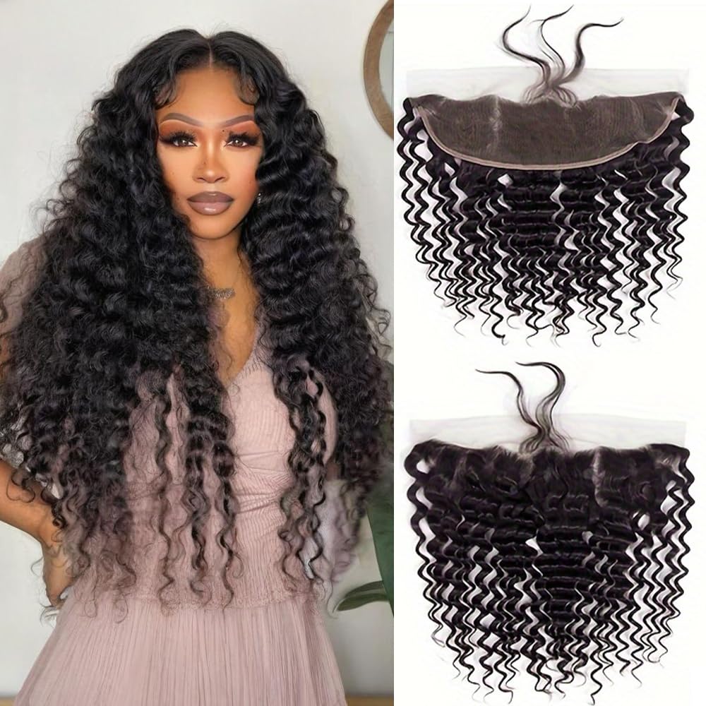 13x4 HD Lace Frontal Closure Deep Wave 14 Inch Pre Plucked Ear To Ear Frontal Free Part Closure with Baby Hair Brazilian Virgin Curly Human Hair for Women Natural Black