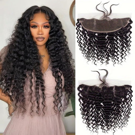 13x4 HD Lace Frontal Closure Deep Wave 14 Inch Pre Plucked Ear To Ear Frontal Free Part Closure with Baby Hair Brazilian Virgin Curly Human Hair for Women Natural Black