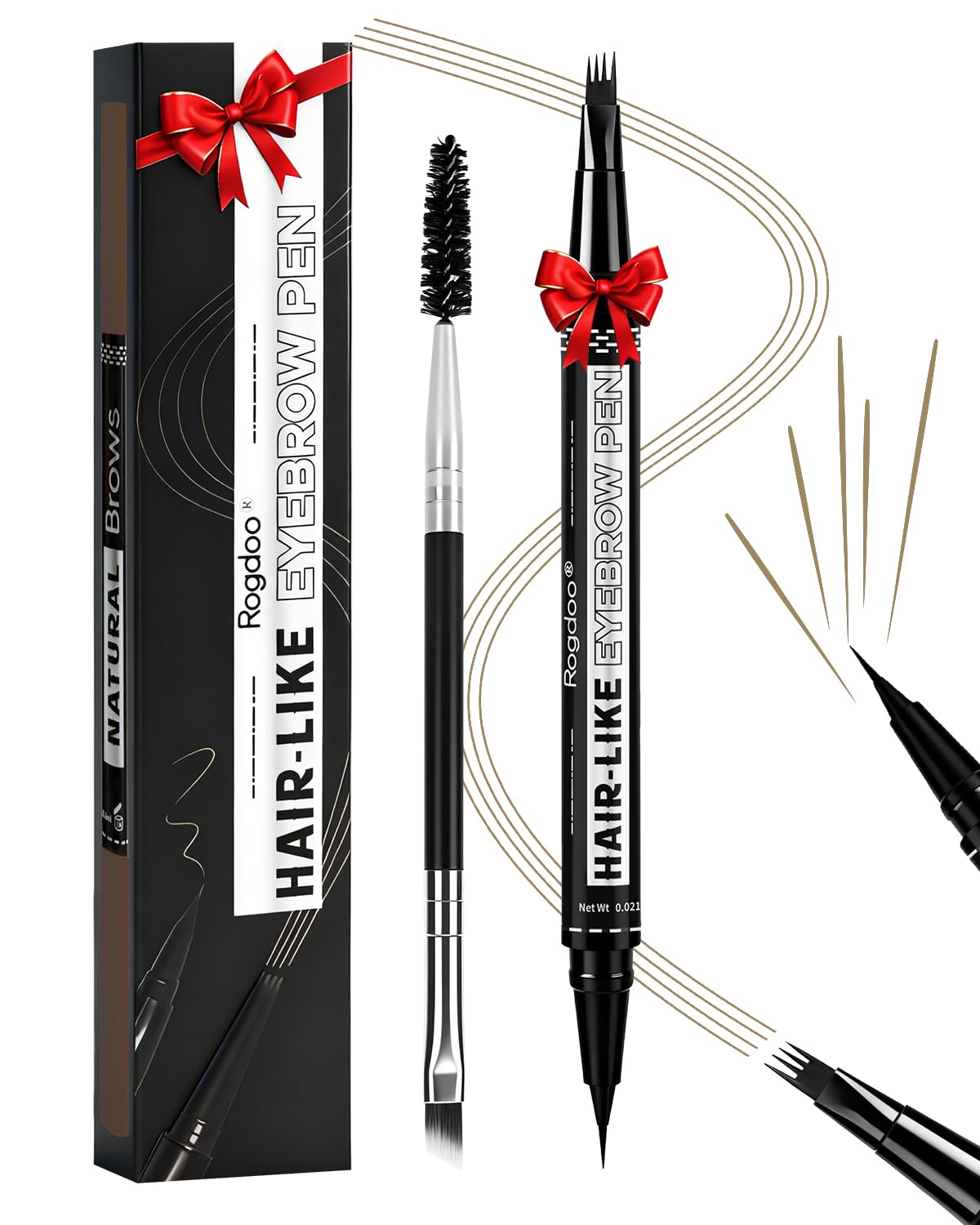 Rogdoo Eyebrow Pen-2-in-1 Dual-Ended Waterproof Eye Brow Pencils for Women with 4-Fork-Tip & Precise Brush-Tip for Natural Hair Like Strokes,Last All-Day,with Eyebrow Spoolie Brush,Light brown