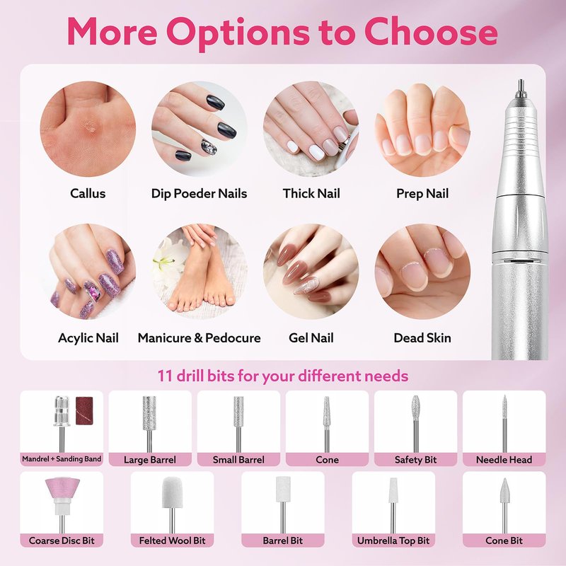 Nimmu Portable Nail Drill Professional, 45000RPM Electric Nail File for Acrylic Nail Remove Gel Polish, Rechargeable Nail Drill Machine with 11 Bits Kit for Manicure Salon Home (Pink)