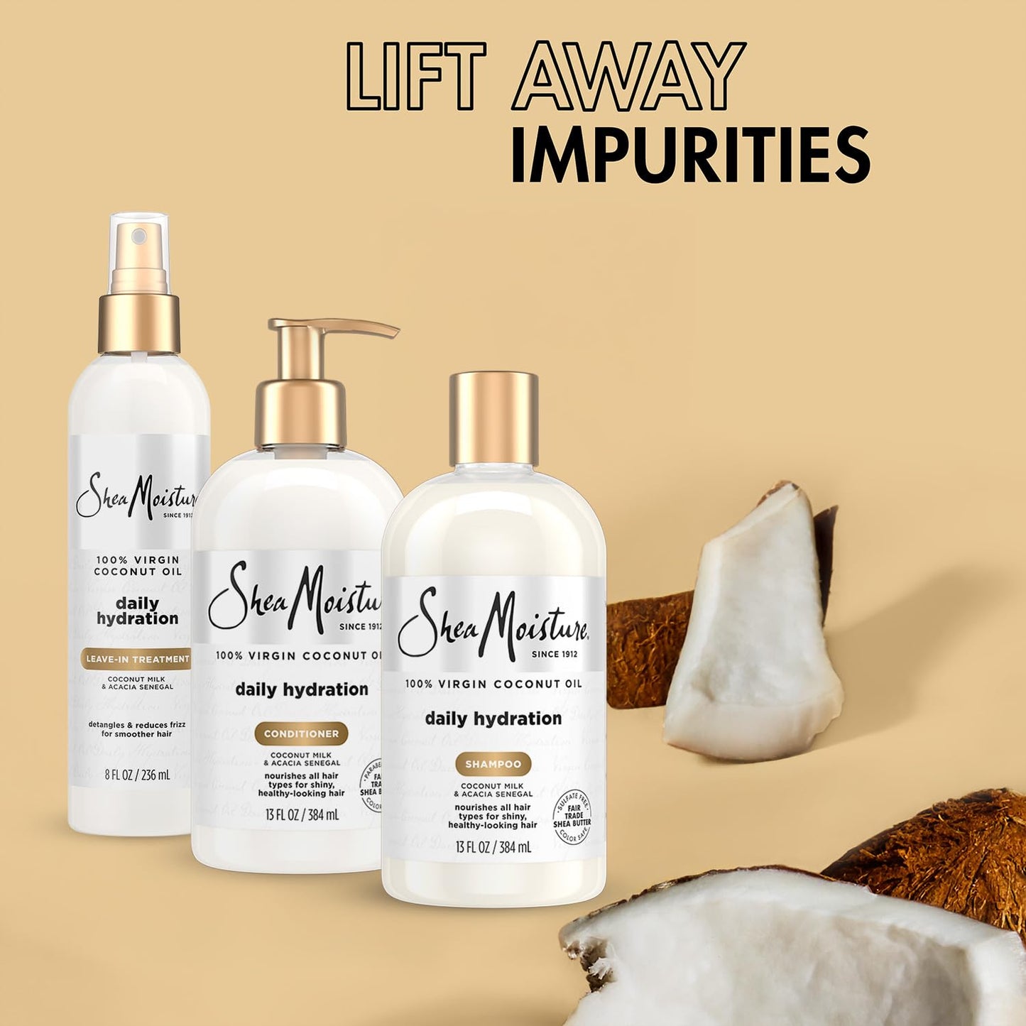SheaMoisture Shampoo & Conditioner + Leave-in Treatment, Daily Hydration with Coconut Oil, Hair Detangler, Frizz Control, Cruelty-Free (3 Piece Set)