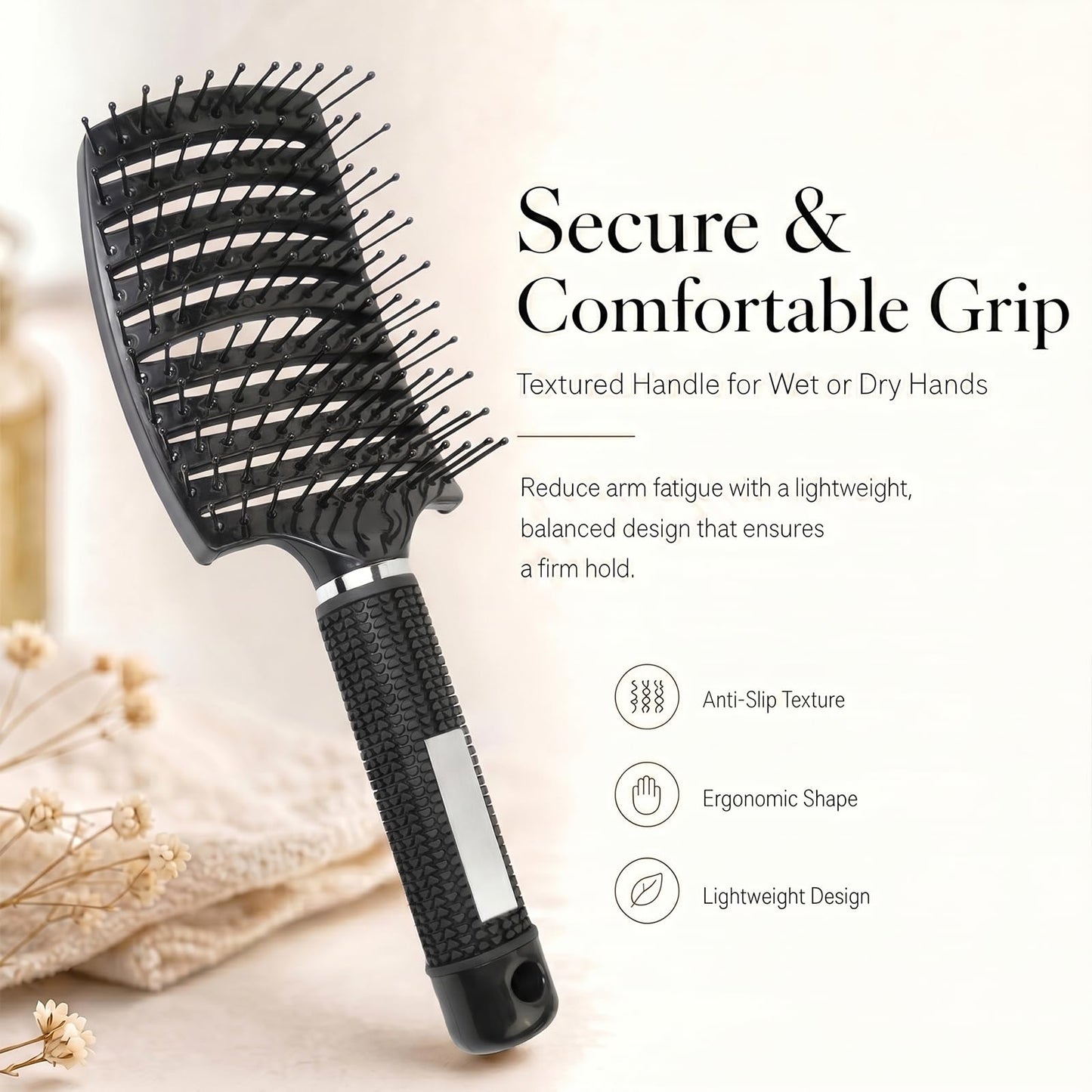 FIXBODY Detangling Vented Curved Hair Brush for Women Men Kids Wet Dry Use (Black-Nylon)