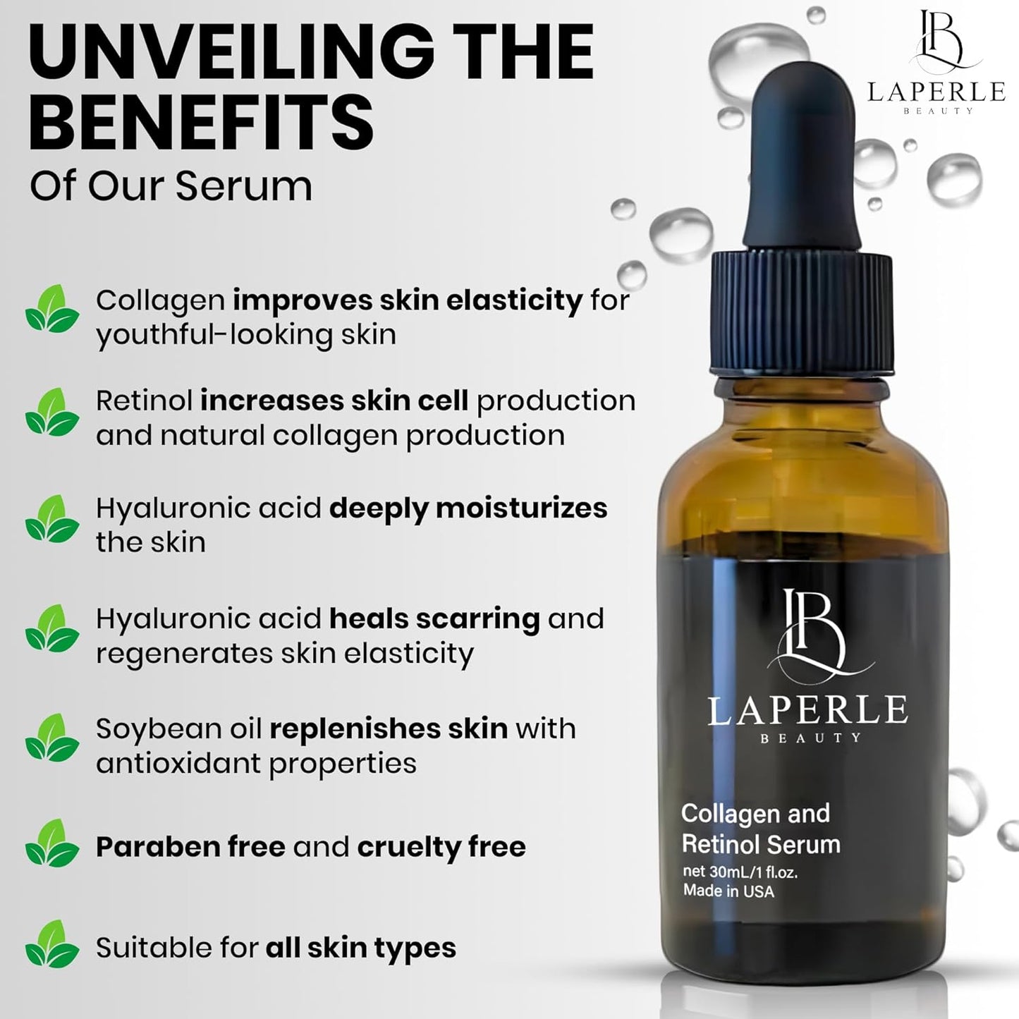 Collagen & Retinol Serum with Hyaluronic Acid - Anti-Aging Formula | 1 fl oz | Paraben-Free, Cruelty-Free