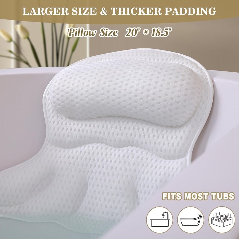 Bath Pillow Luxury Bathtub Pillow, Extra Soft & Comfortable Bath Pillows for Tub Head Neck and Back Support, with 4D Air Mesh Cushions & Non-Slip Suction Cups - Bath Accessories Spa Gifts for Women