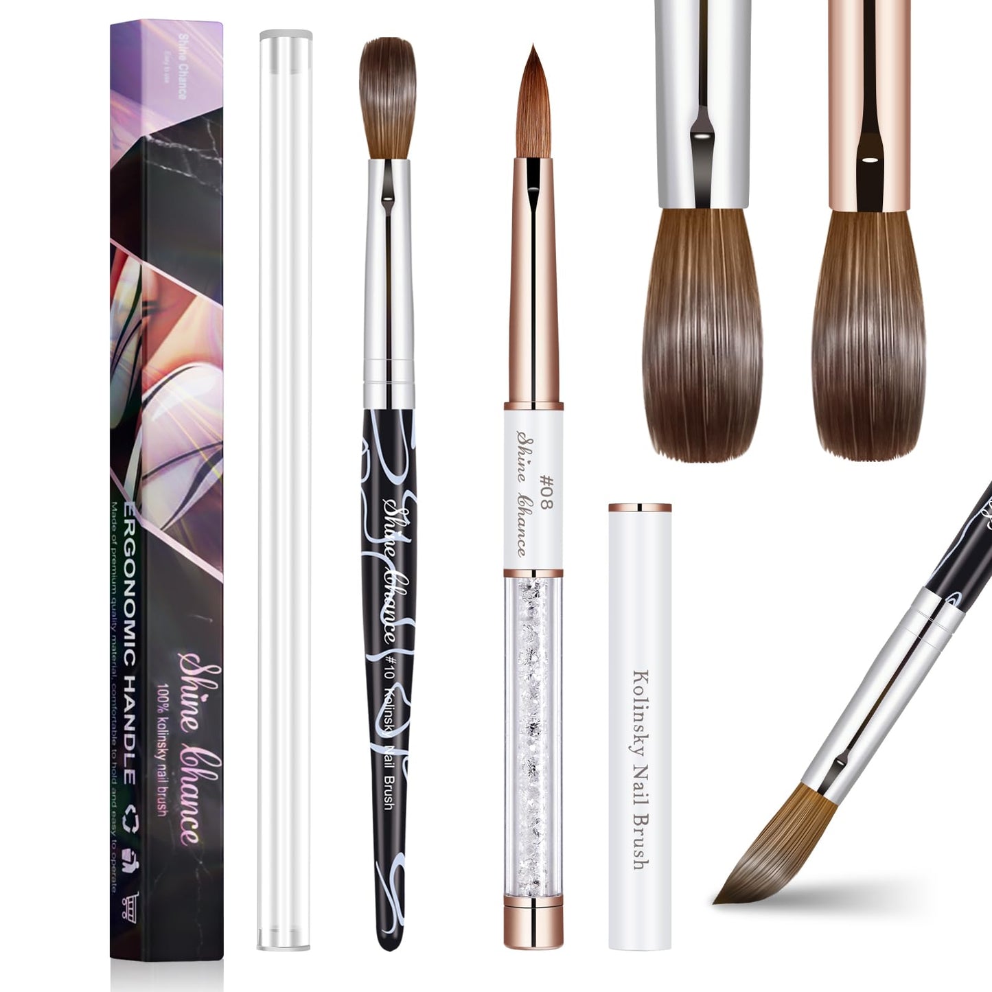 Shine Chance 2Pcs Acrylic Nail Art Brushes Size 8 10, 100% Pure Kolinsky Hair Oval Nail Brush for Acrylic Application, Professional Nail Extension Manicure Tool Striping Nail Drawing Pen for Home