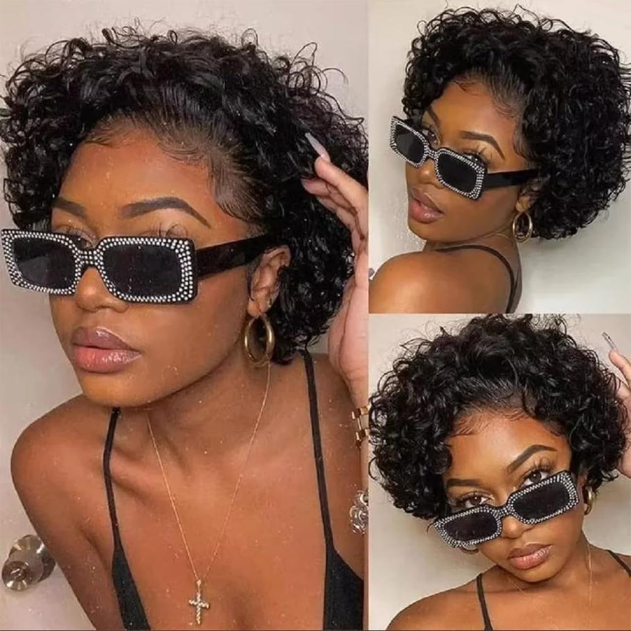 Bworto Pixie Cut Short Bob Frontal Wigs Human Hair Pre Plucked Deep Wave 13x4 Hd Lace Front Curly Wigs for Black Wome Natural Black Wig 6 Inch