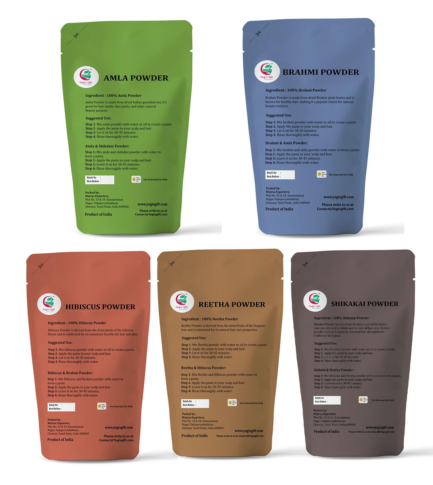 Herbal Hair Care Combo Pack (3.5oz Each, 500g), Pack of 5 Hair Mask with Ayurvedic Powders, Amla, Reetha, Shikakai, Brahmi, Hibiscus for Hair Growth, 17.65oz By Yogi's Gift®