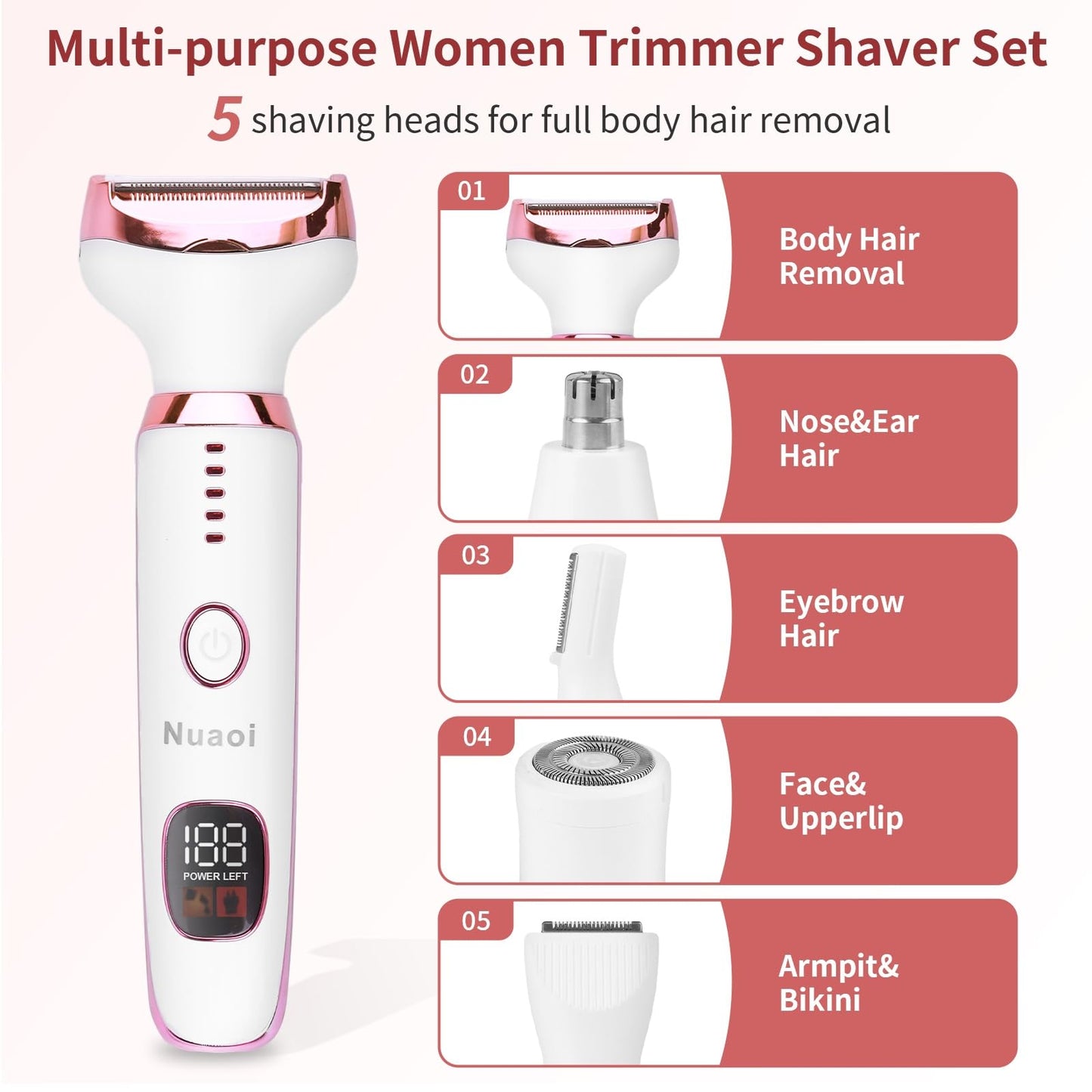Electric Shaver Razors for Women - 5 in 1 Bikini Trimmer for Women Body Hair Trimmer Facial Hair Removal Cordless Rechargeable Body Shaver for Face Chin Arms Underarm Legs Arms Eyebrow (Pink)